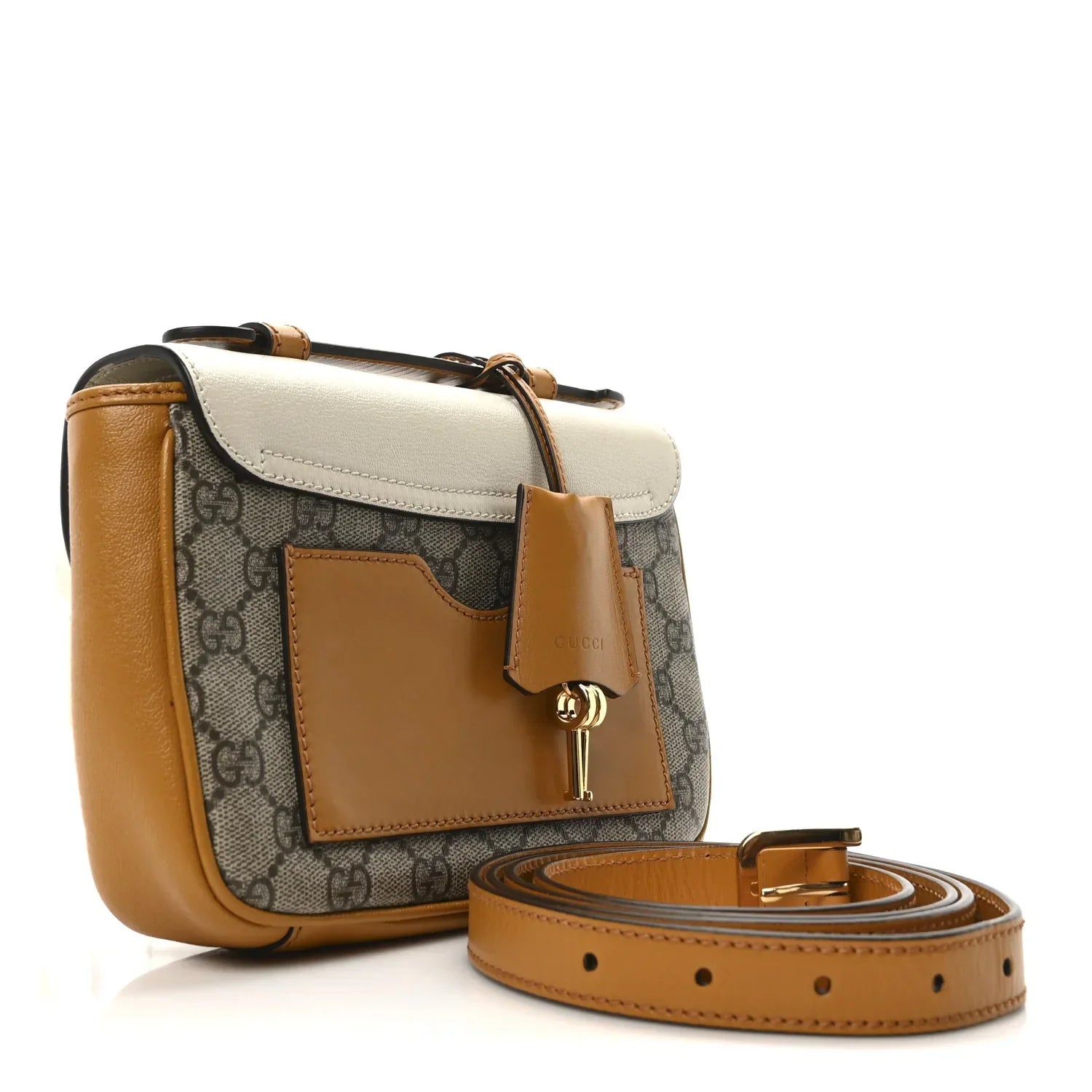 Gucci GG Supreme Padlock Front Pocket Flap Shoulder Bag  – Beige