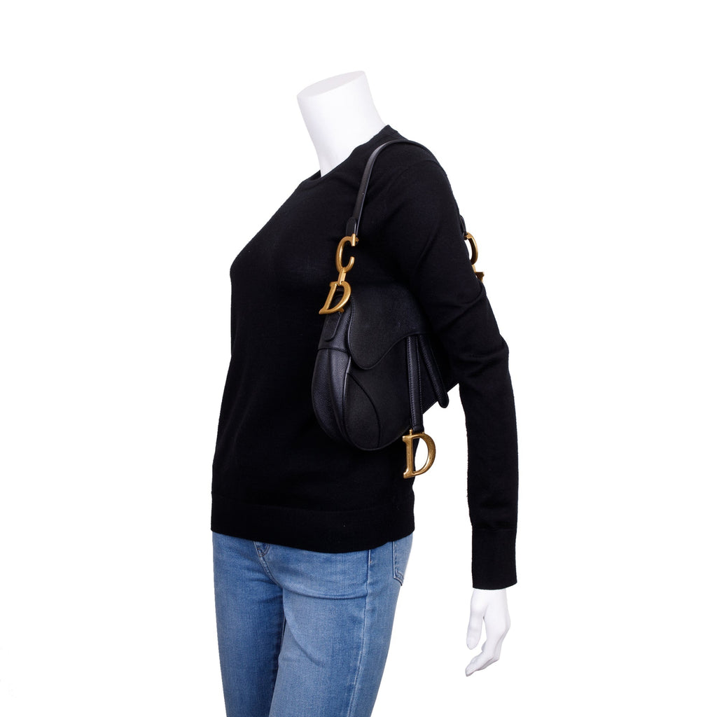 Black Grained Calfskin Leather Medium Saddle Bag