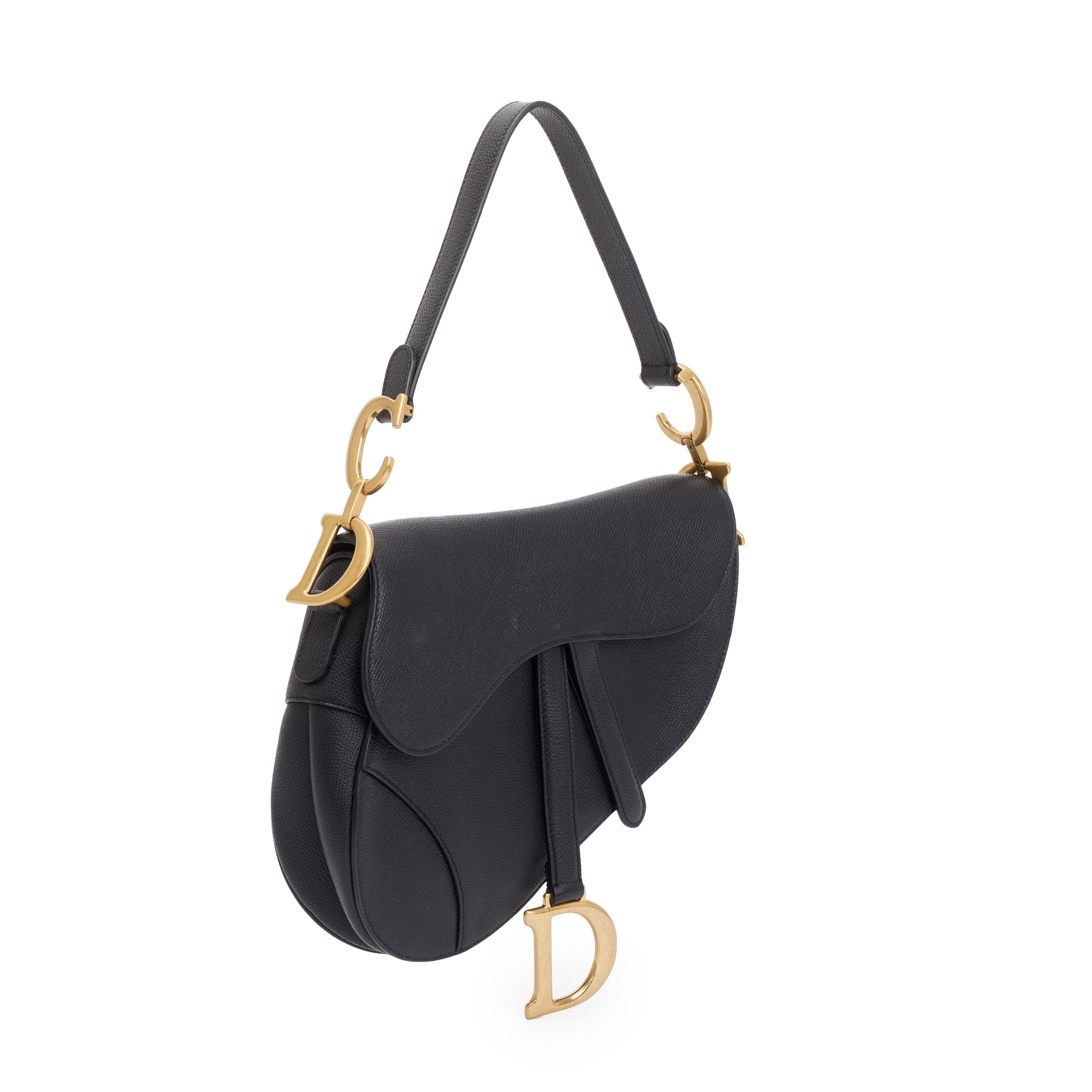 Black Grained Calfskin Leather Medium Saddle Bag