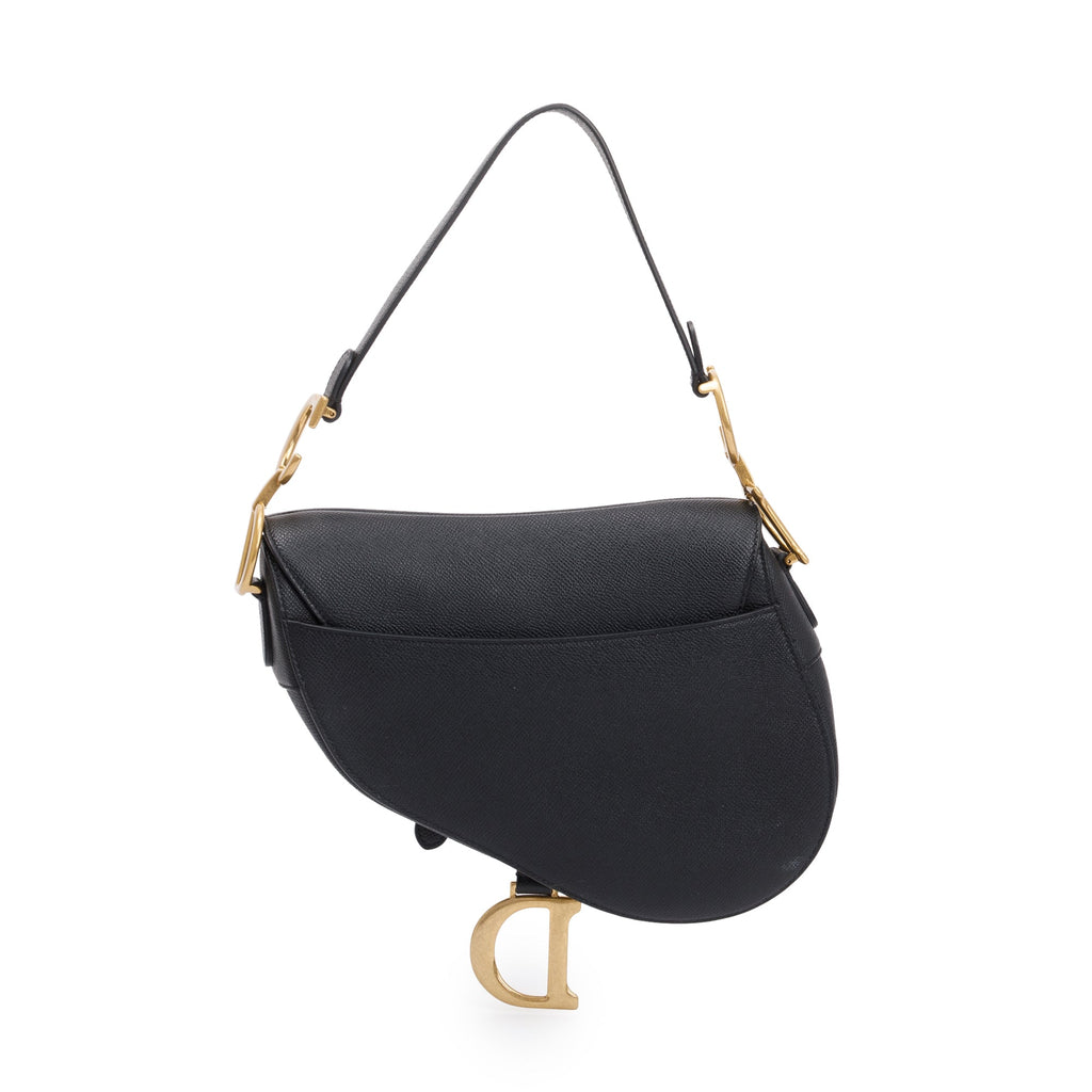 Black Grained Calfskin Leather Medium Saddle Bag