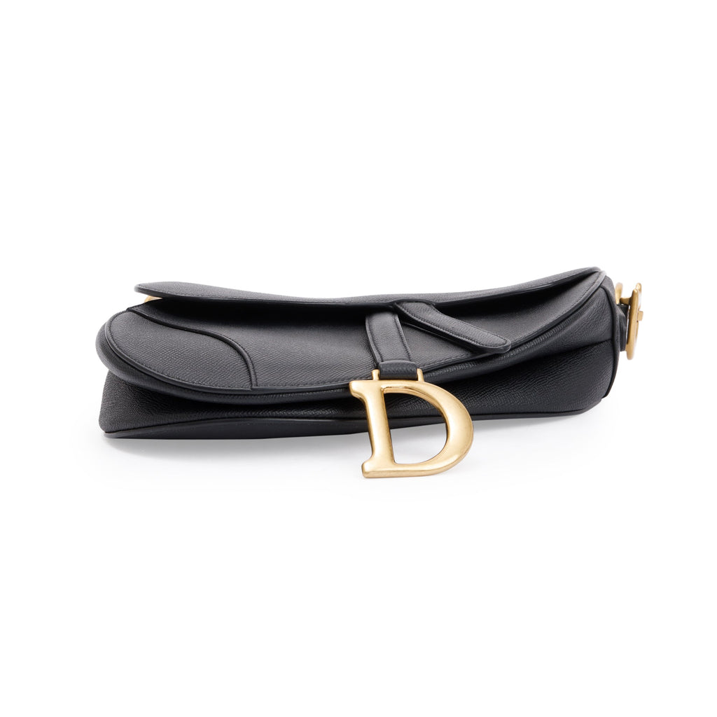 Black Grained Calfskin Leather Medium Saddle Bag