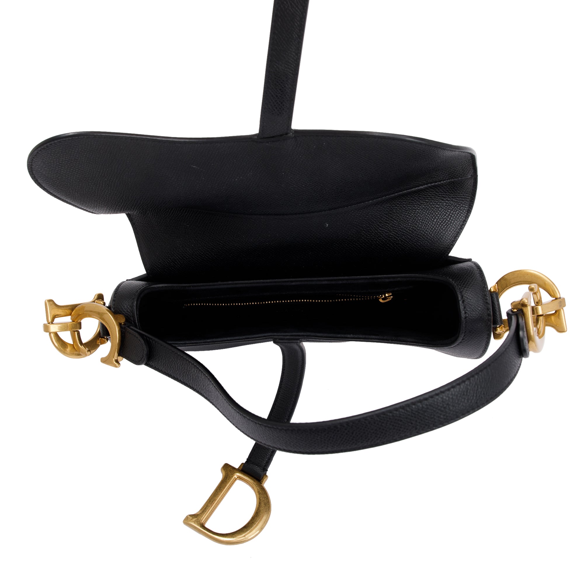Black Grained Calfskin Leather Medium Saddle Bag