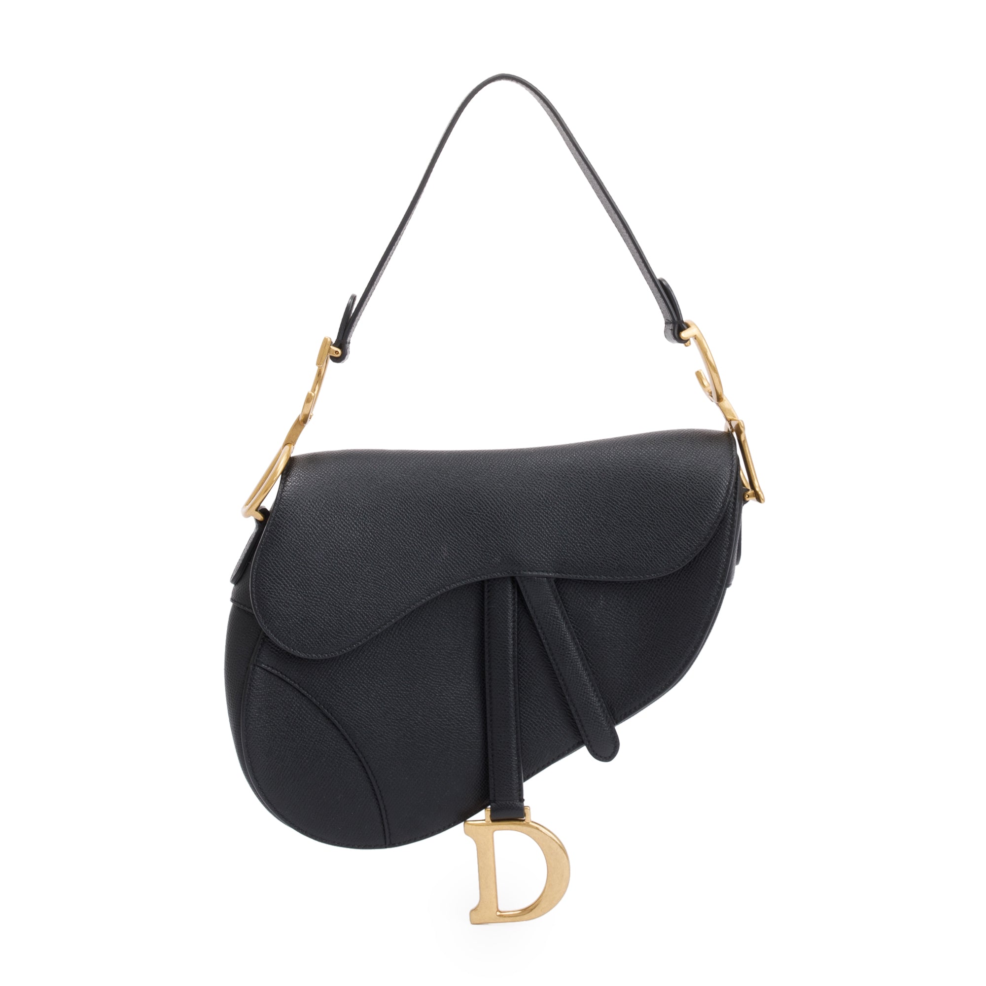 Black Grained Calfskin Leather Medium Saddle Bag