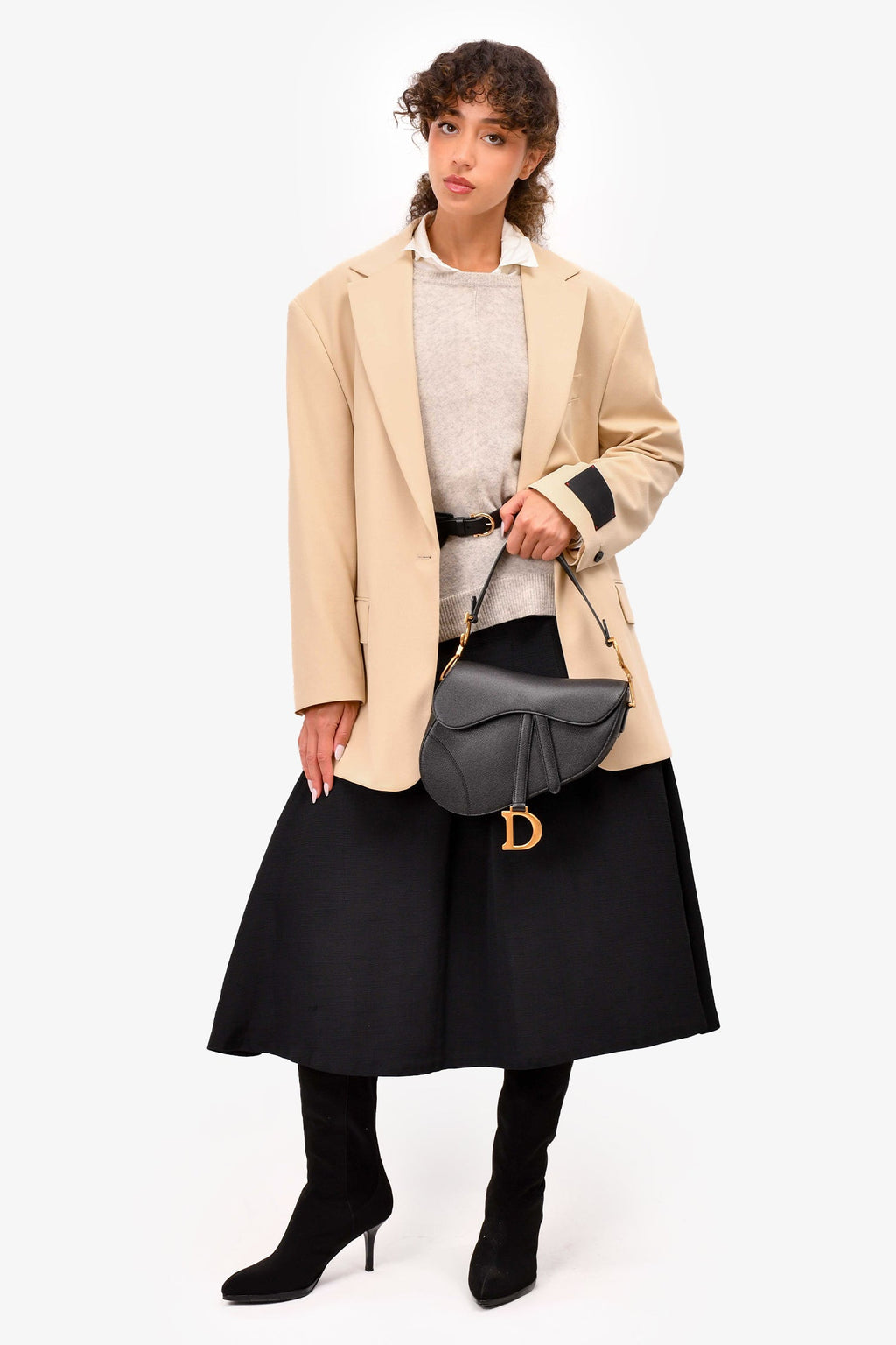 Black Grained Calfskin Leather Medium Saddle Bag
