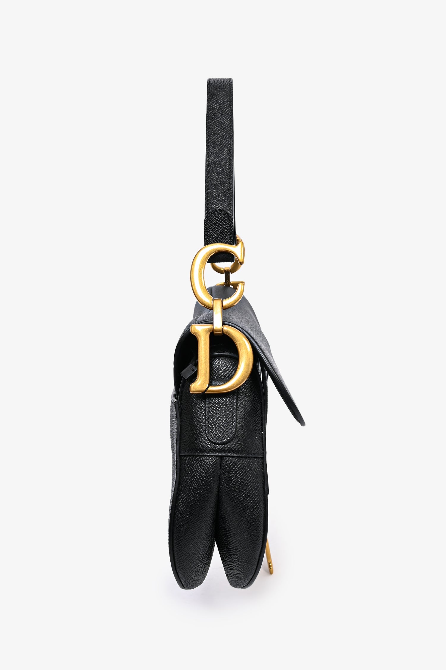 Black Grained Calfskin Leather Medium Saddle Bag