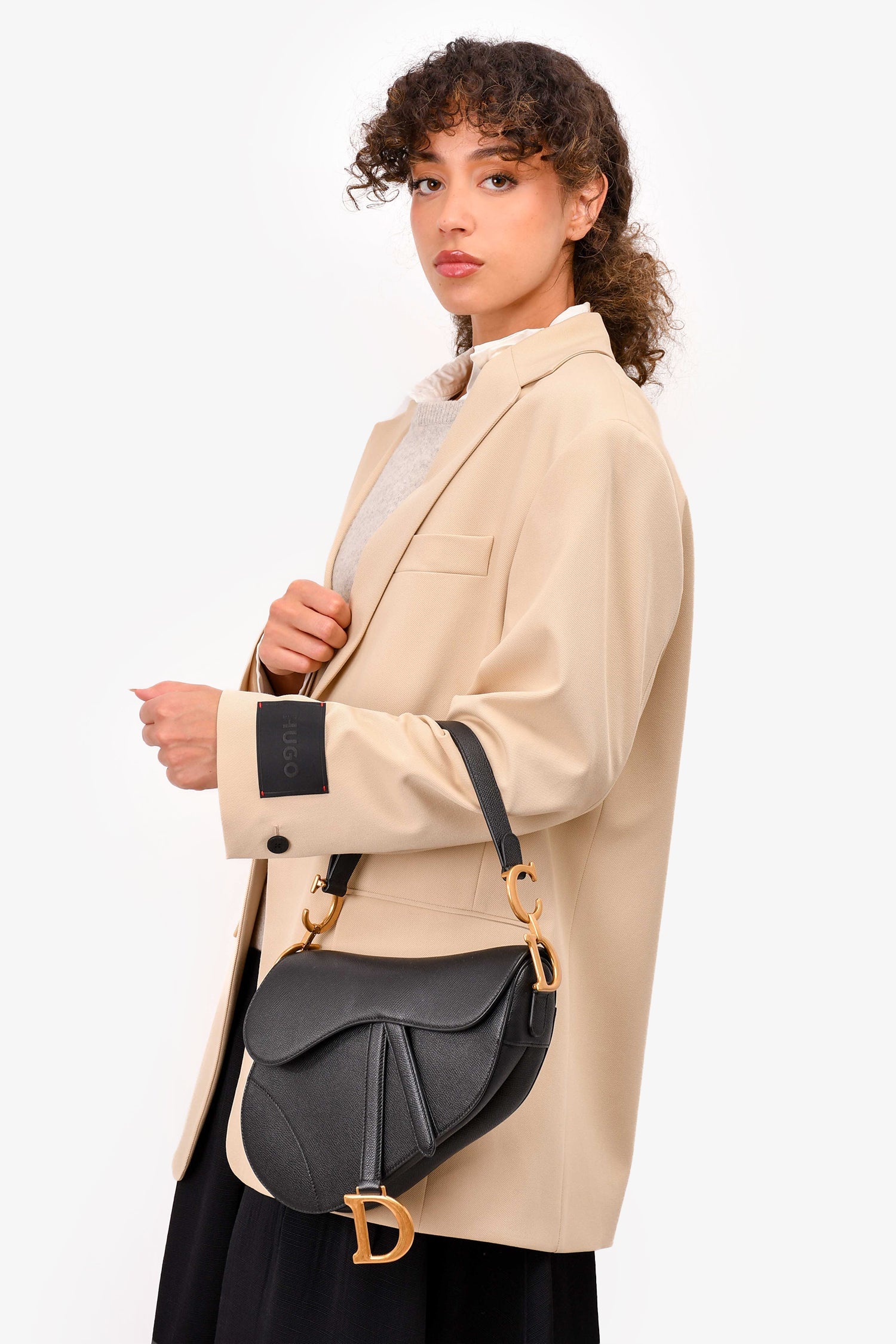 Black Grained Calfskin Leather Medium Saddle Bag
