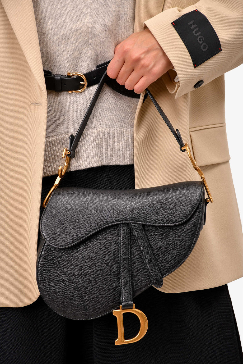 Black Grained Calfskin Leather Medium Saddle Bag