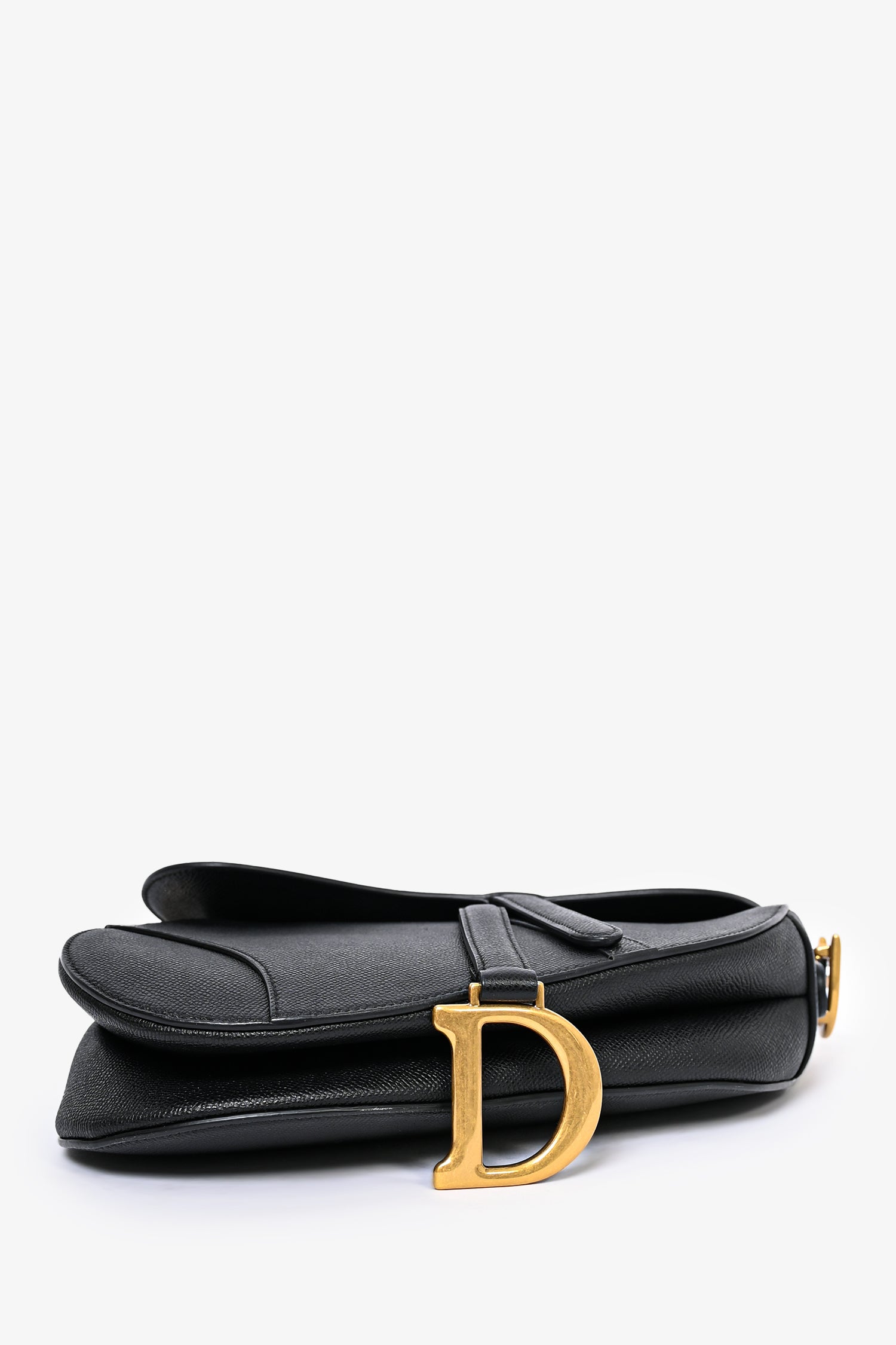 Black Grained Calfskin Leather Medium Saddle Bag