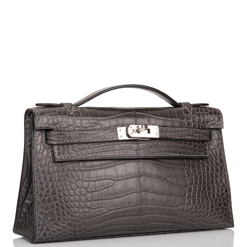 Hermès Graphite Mini Kelly Pochette of Matte Alligator with Palladium Hardware