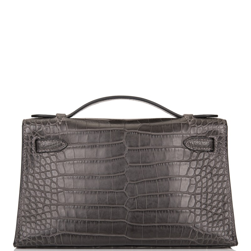 Hermès Graphite Mini Kelly Pochette of Matte Alligator with Palladium Hardware