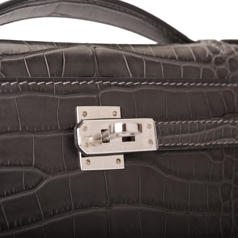 Hermès Graphite Mini Kelly Pochette of Matte Alligator with Palladium Hardware