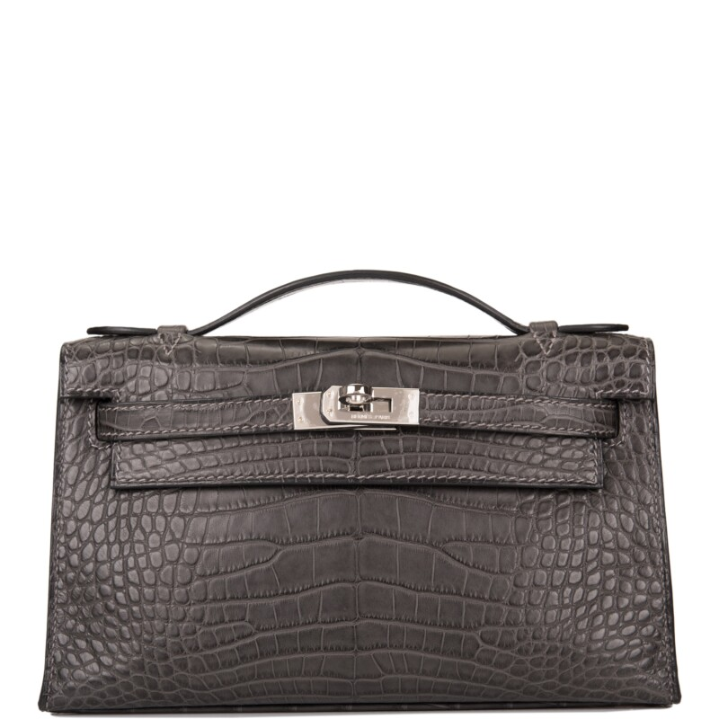 Hermès Graphite Mini Kelly Pochette of Matte Alligator with Palladium Hardware