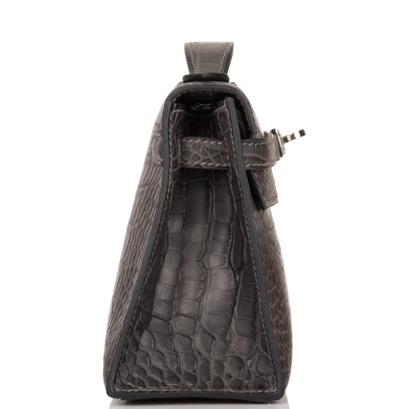 Hermès Graphite Mini Kelly Pochette of Matte Alligator with Palladium Hardware